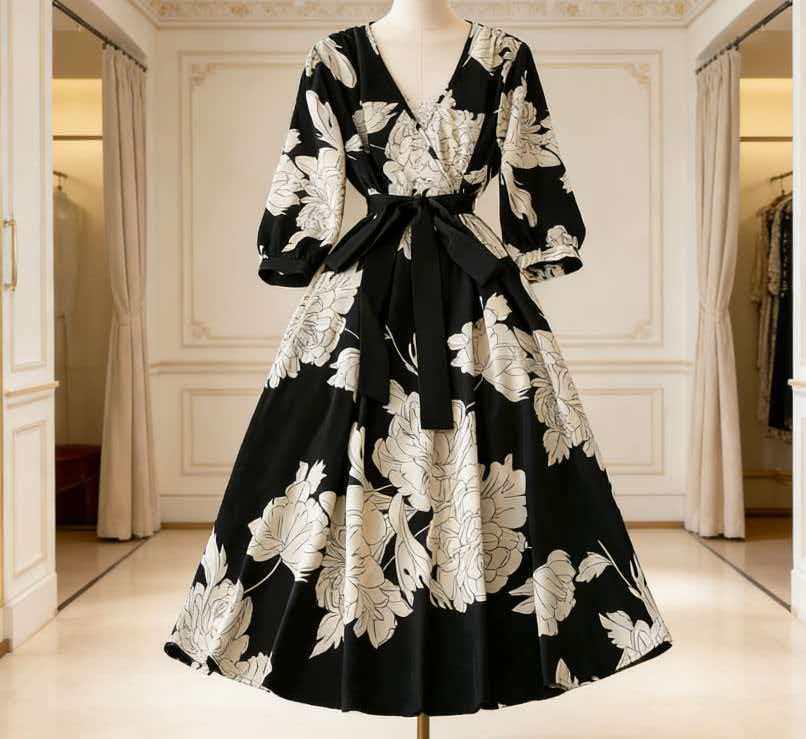 

French Retro V-neck Tie-up Cinched Waist Tea Dress - Black & White Peony Print, Three-quarter Sleeve, Elegant Long. 4XL чёрный