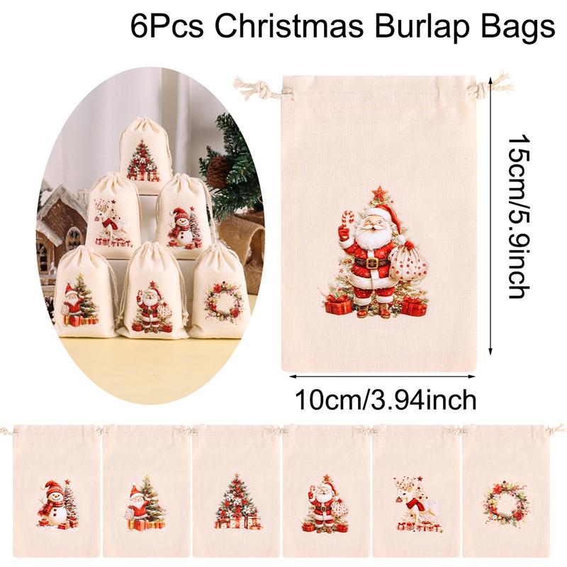 6pcs Christmas Drawstring Pouch Bags Small Candy Gift Bag Navidad Xmas Party Favor Boutique Jewelry Packaging Bags 2026 New Year