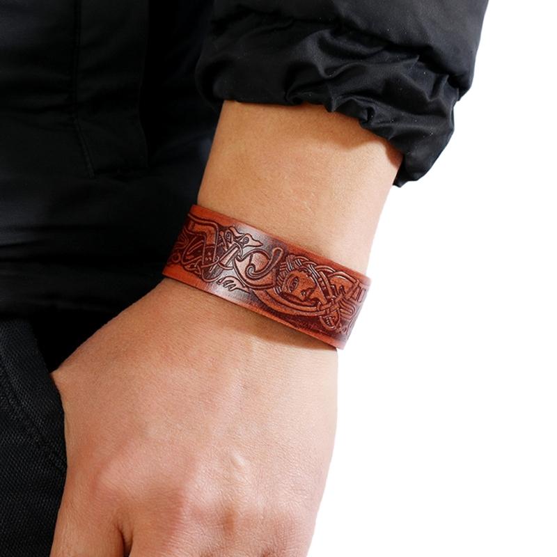 Embossed Pattern Cowhide Bracelet Adjustable Rock Punk Style Men Cuff Bracelets Wide Belt Vintage Wristband Jewelry