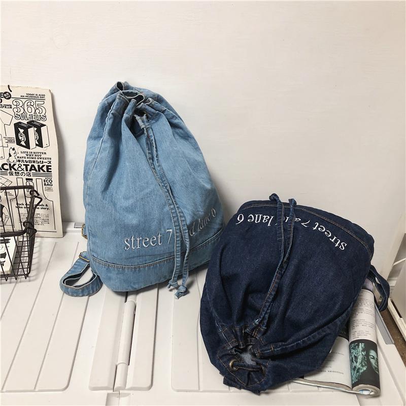 Denim Drawstring Backpack Women's Backpack Letter Embroidery Student Schoolbag