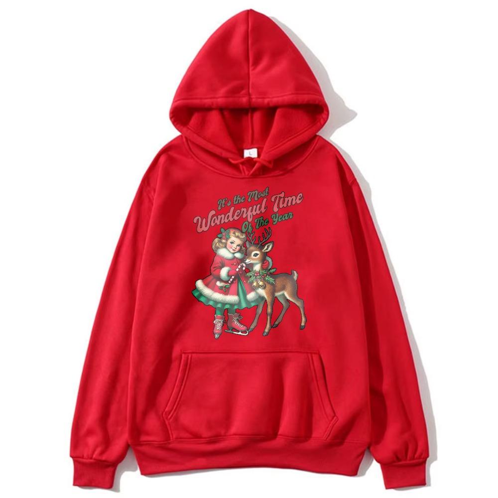 Vintage Christmas Girl Reindeer Print Hoodie Women It's the Most Wonderful Time of The Year Casual Long Sleeve Hooded Sweatshirt