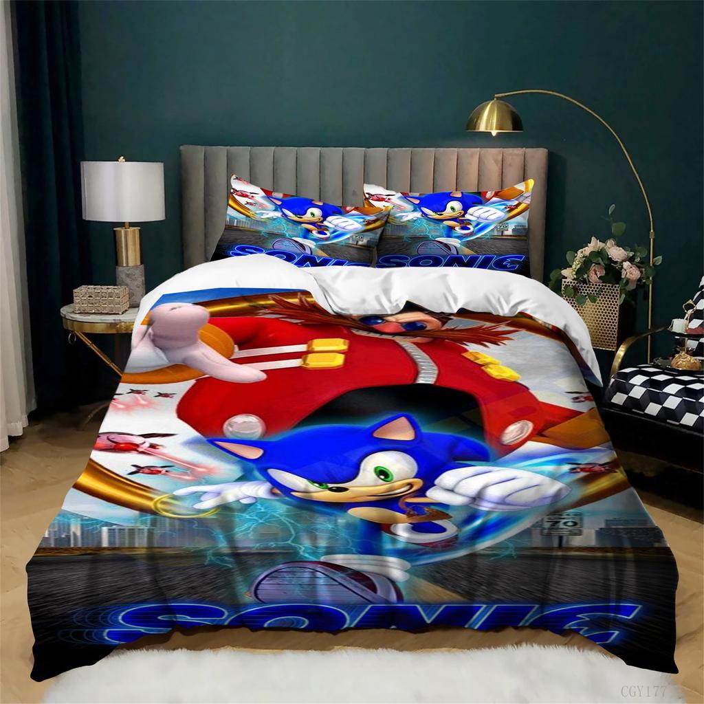 3 Pieces Movie Cartoon Sonic Bedding Set Ultra Soft Duvet Cover Set Twin Size Lightweight Quilt Cover with 2 Pillow Sham