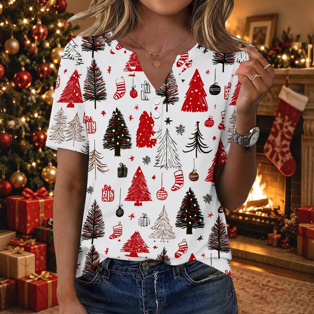Women's Casual Christmas Print V-Neck Short Sleeve Button T-Shirt Top for Women