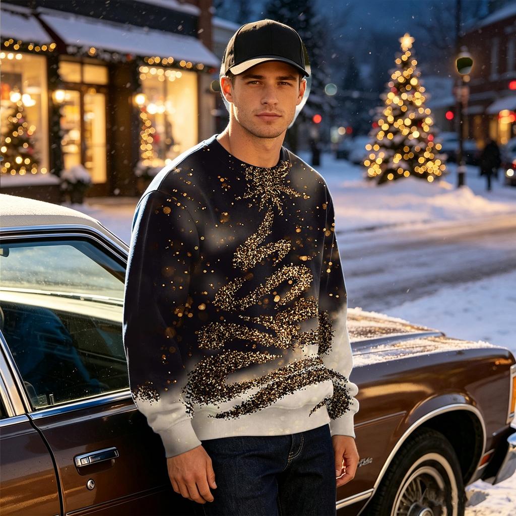 Men's Casual Loose Fit Printed Neck Long Sleeve T-Shirt for Daily Wear