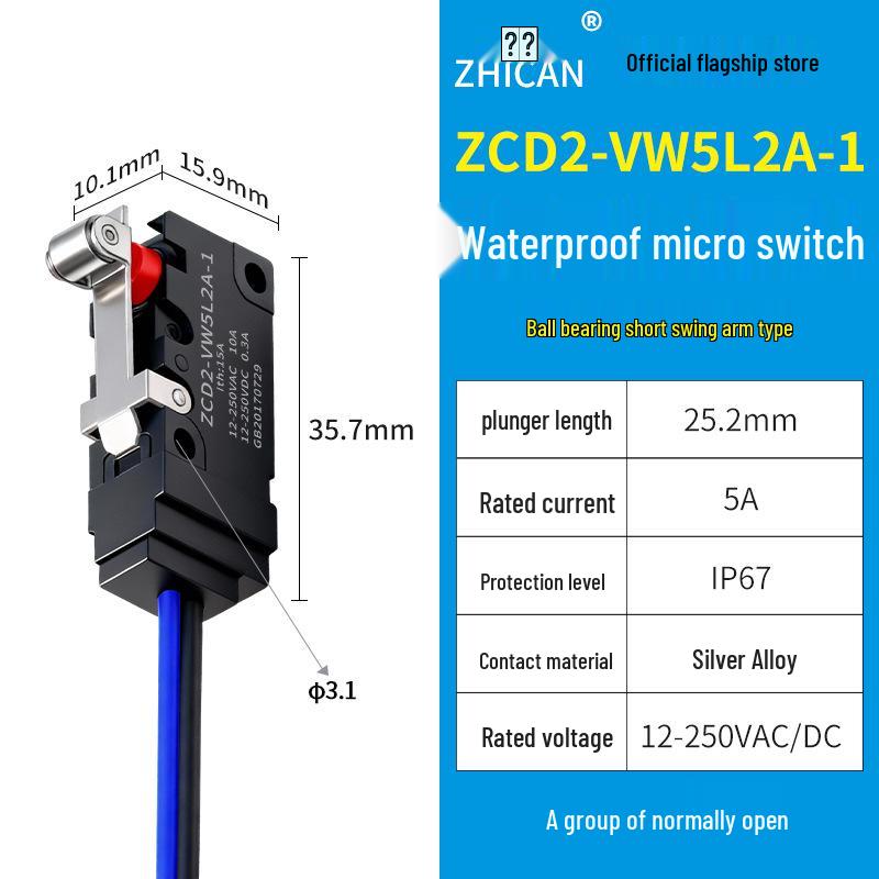 IP67 Waterproof Micro Switch, 5L1B/5L2A/5L3 Models, Straight Lever Roller, 1 NO/1 NC Limit Switch.