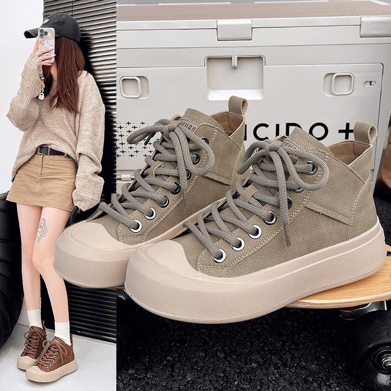 Fashion Women's Lace-Up High-Top Shoes Autumn Winter New Style Retro Platform Soft-Sole Mid-Heel Ankle Boots