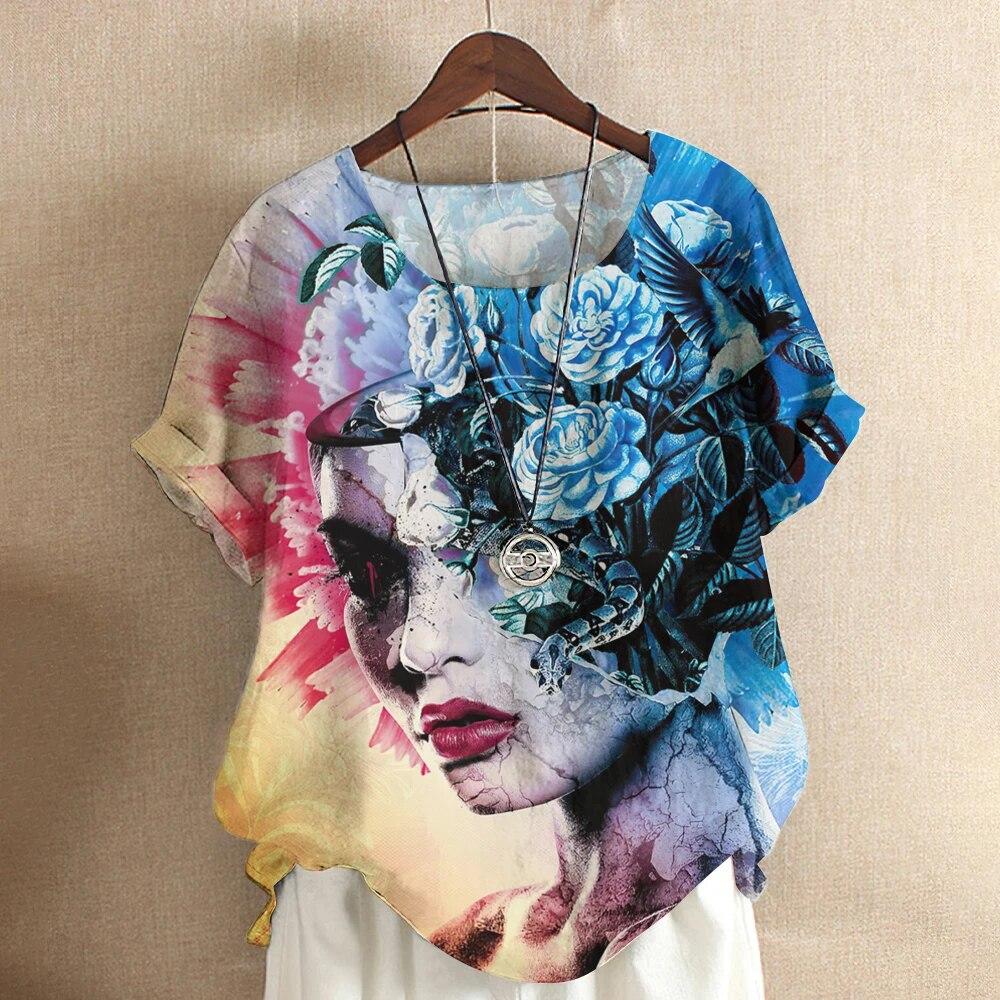 Kunst Ansikt Bluse Dame T-skjorte Mote Kortermet Tees Blomstertrykk Topper O-Hals Kule Jenter Klær Sommer Casual Genser