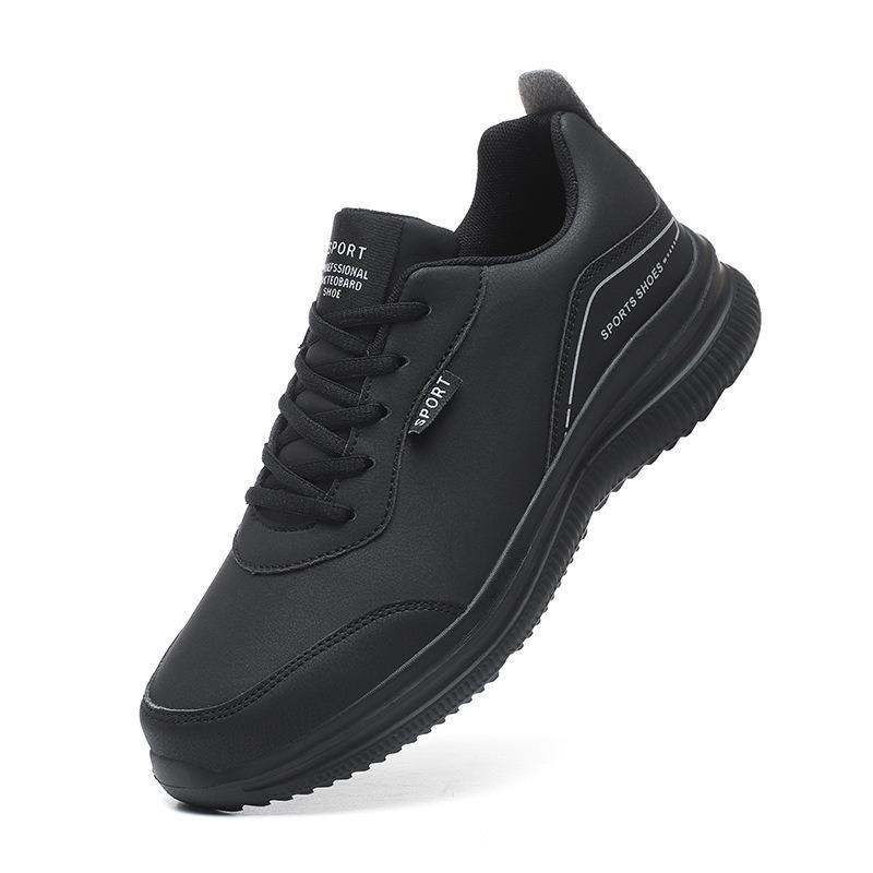 Large Size Sports Shoes Men's Leather Surface Waterproof Casual All Black Running Shoes with Large Soft Soles