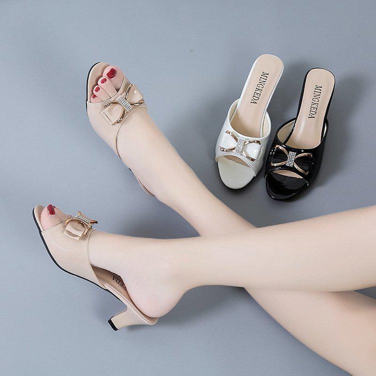 2022 Summer Mid-Heel Peep-Toe Bow Strap Stiletto Slippers for Women - Plus Size Available