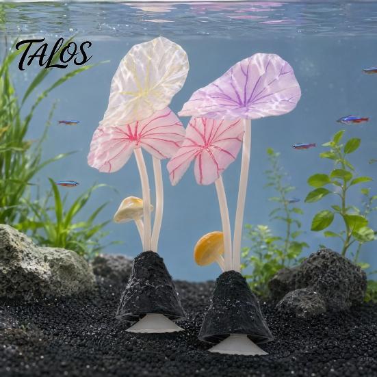 Decorative Aquarium Mushrooms Artificial Plant Ornament, Soft Silicone Lotus Leaves, Suction Cup Glow Leaf Decor in The Dark Safe Accessory