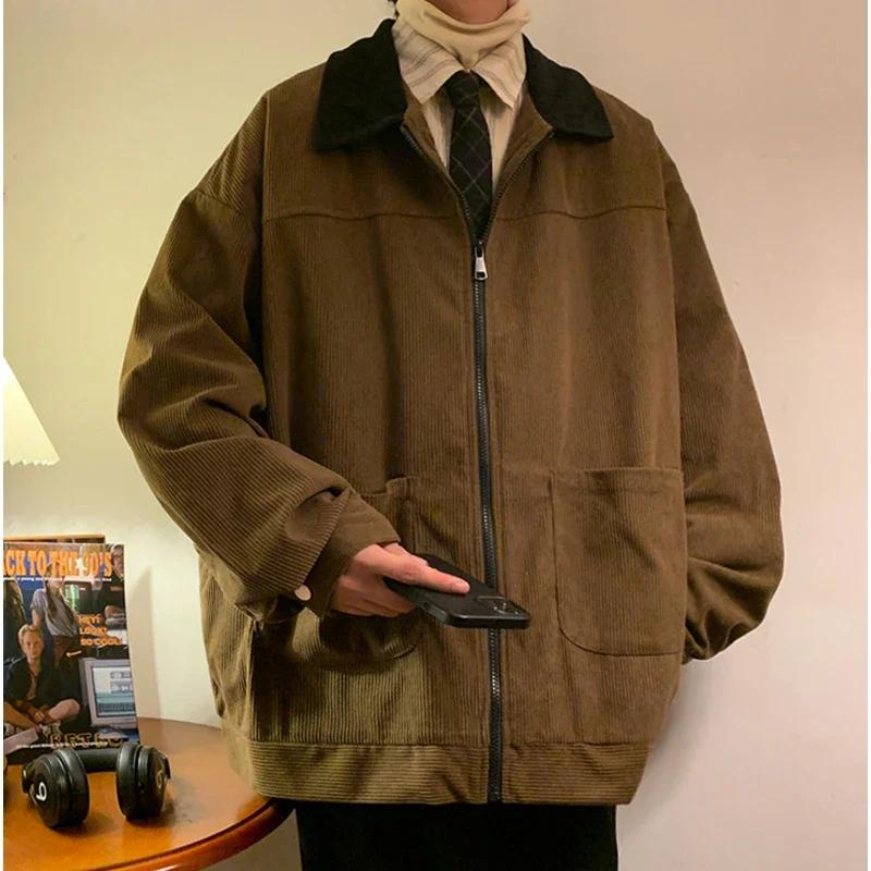 Retro Bunda Podzim Pánská Manšestrová Bomber Bunda Volná Oversized Patchworková Ležérní Bunda Pánské Oblečení Volné Hip Hopové Top 5xl