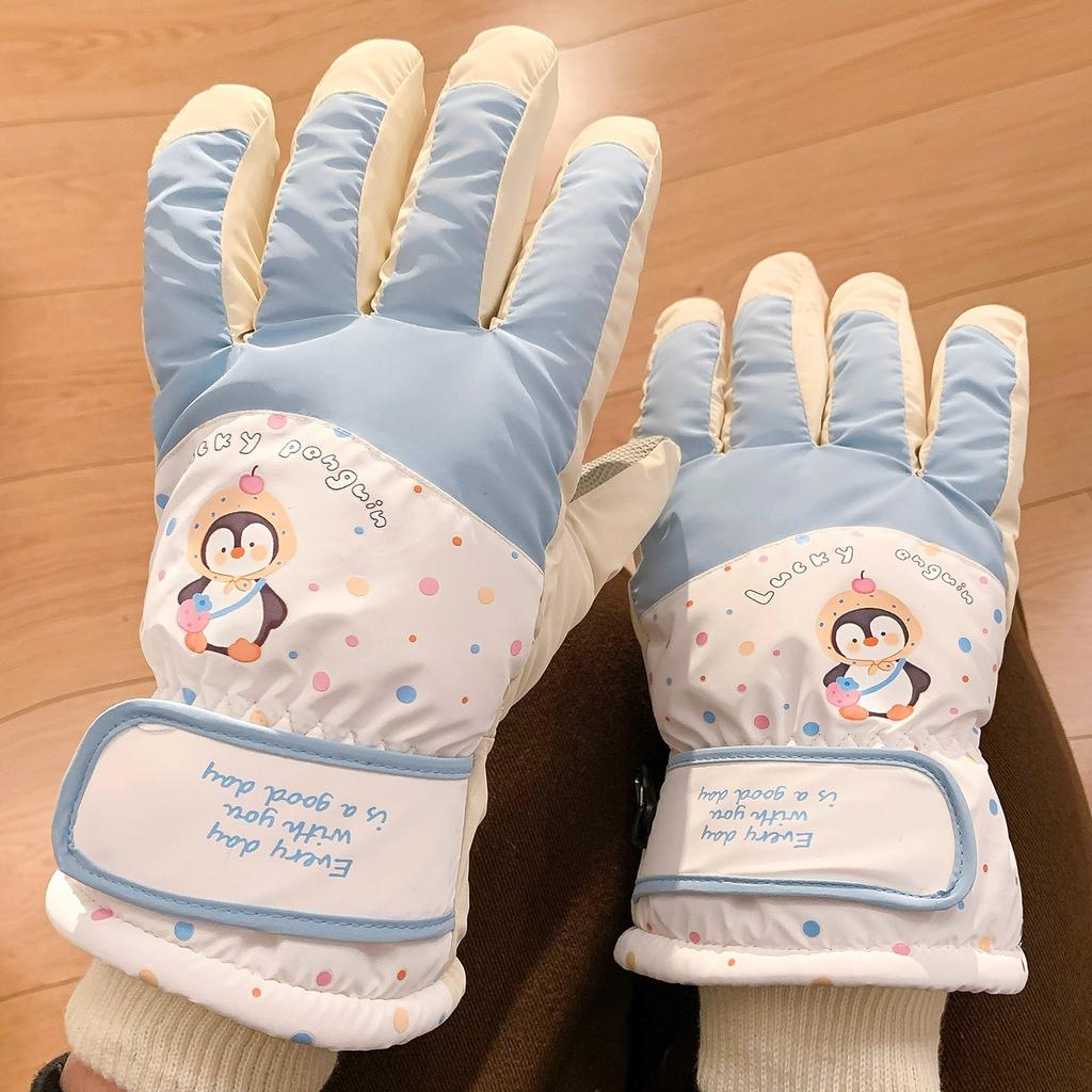 Cute Little Penguin Ski Gloves Girls Fleece Thickened Warm Cold Windproof Waterproof Battery Car