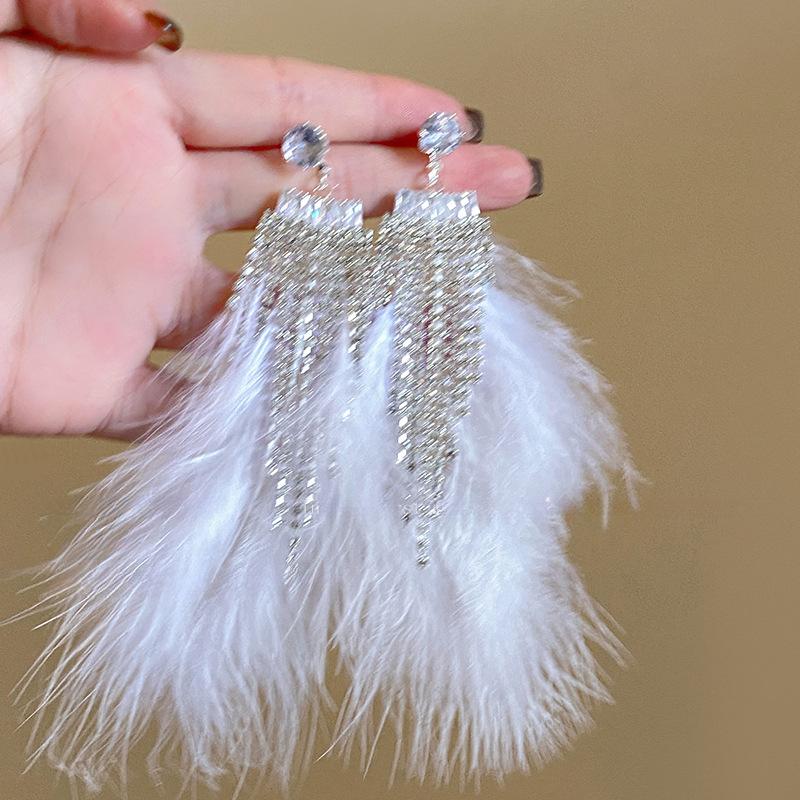 Orecchini a Frange di Piume con Diamanti Colorati Lusso Leggero Borchie di Alta Gamma Orecchini di Nicchia Retrò Autunno e Inverno Donna