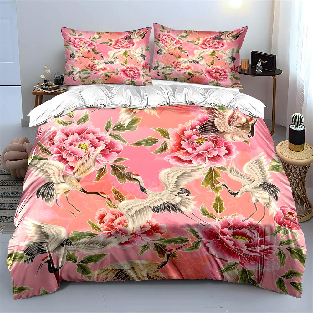 Pink peonies and flying cranes Print Bedding Set 1 Duvet Cover 2 Pillowcases for Adult and Children Luxury Gift Full Size