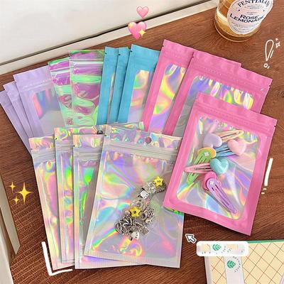 50pcsThick Smell Proof Mylar Bags Holographic Laser Color Plastic Packaging Pouch Jewelry Retail Storage Pouch Gift Zip Lock Bag
