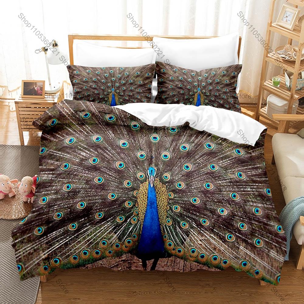 Peacock Printed Bedding Set, Duvet Cover + 2 Pillowcases Elegant Bird Pattern Soft Bed Sheets for Living Room Dorm Decoration