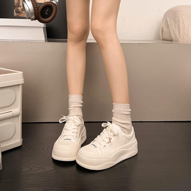 Leather thick-soled casual little white shoes women's spring new round head lace-up versatile soft-soled heightening board shoes