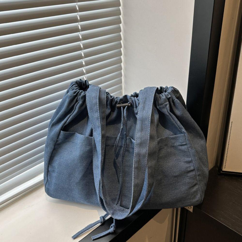 Casual Denim Tote Bag Large Capacity Canvas Bucket Bag Oxford Drawstring Shoulder Bag  Travel