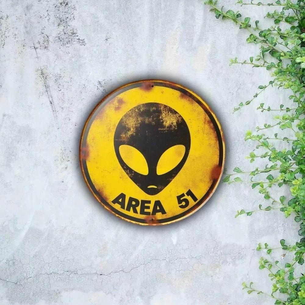 Vintage Area 51 UFO Metal Tin Sign Alien Decor Retro Wall Art