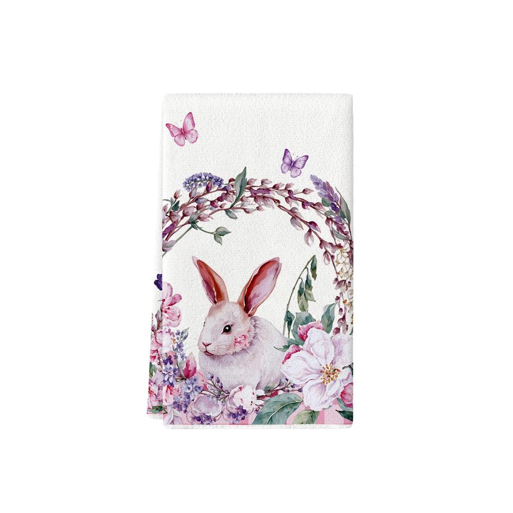 Easter Kitchen Towels with Watercolor Flowers, Rabbits, Eggs, and Tulips