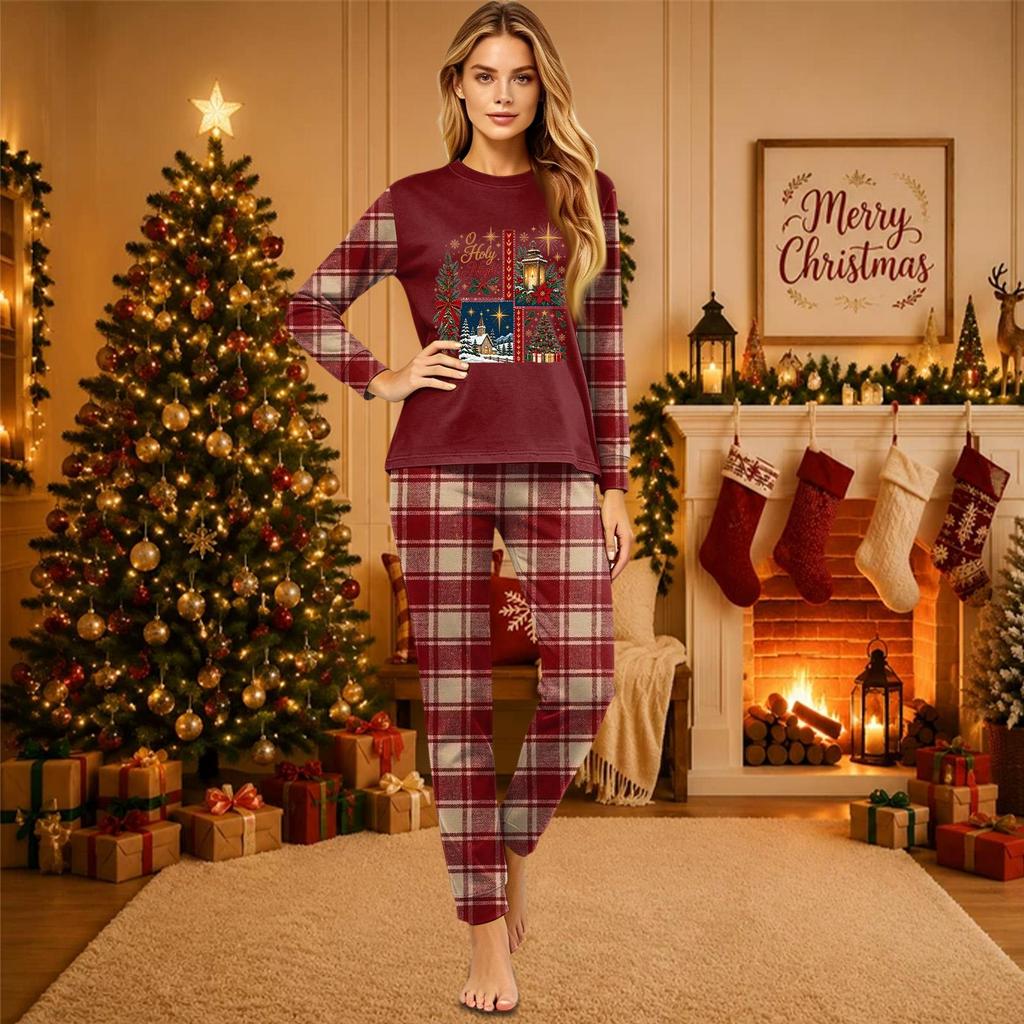 Christmas Print Long Sleeve Pants Family Matching Pajama Set Loungewear for Adults and Kids