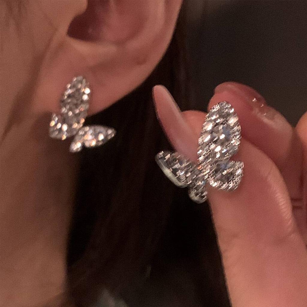 Korean Version Full of Diamonds Light Luxury Butterfly Stud Earrings Temperament Celebrity Earrings Niche Design Sense High-grade Cold Wind Earrings