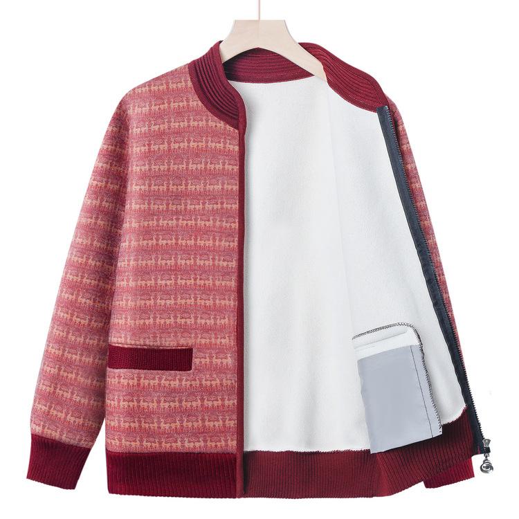 Abrigo de Invierno para Abuela Forro Polar Engrosado Cremallera Estilo Extranjero Suéter de Punto Ropa Cálida de Primavera para Madre