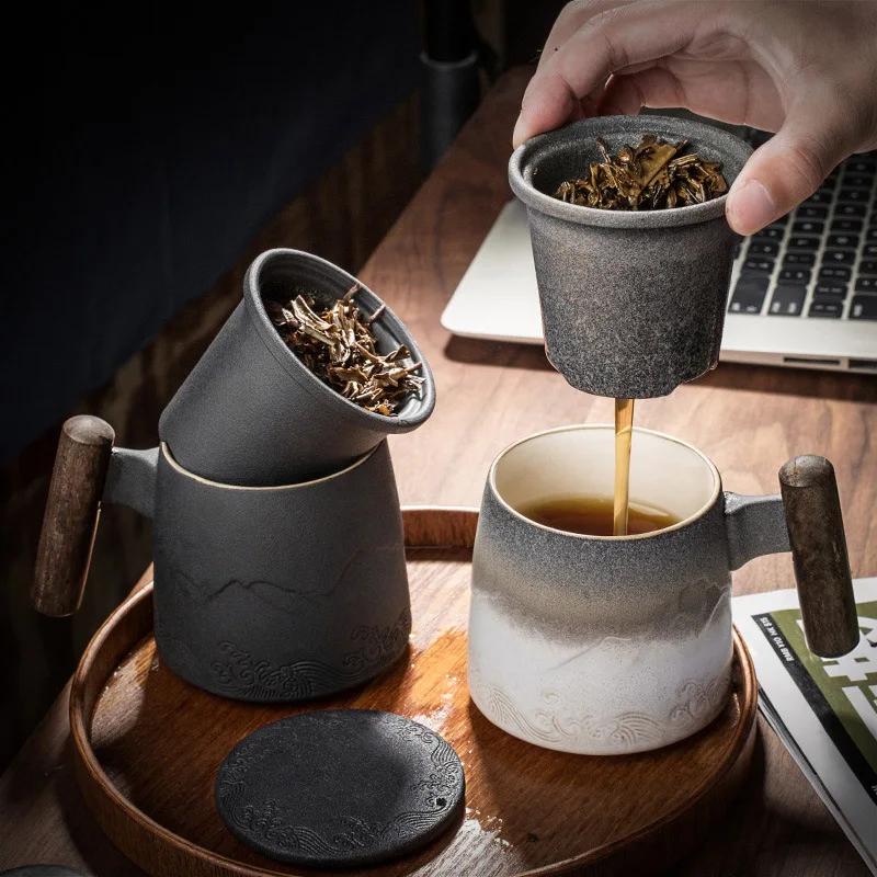 For Ceramic Mugs Retro Tea Cup Luxury Large Capacity With Cover Wooden Handle Office Thermal Mug Personalized Gifts Home Drinkwa