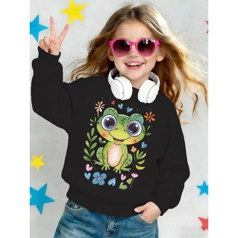 Kids Crewneck Sweatshirt, Cute Green Frog Floral Heart Print Long Sleeve Casual Top for Spring Autumn
