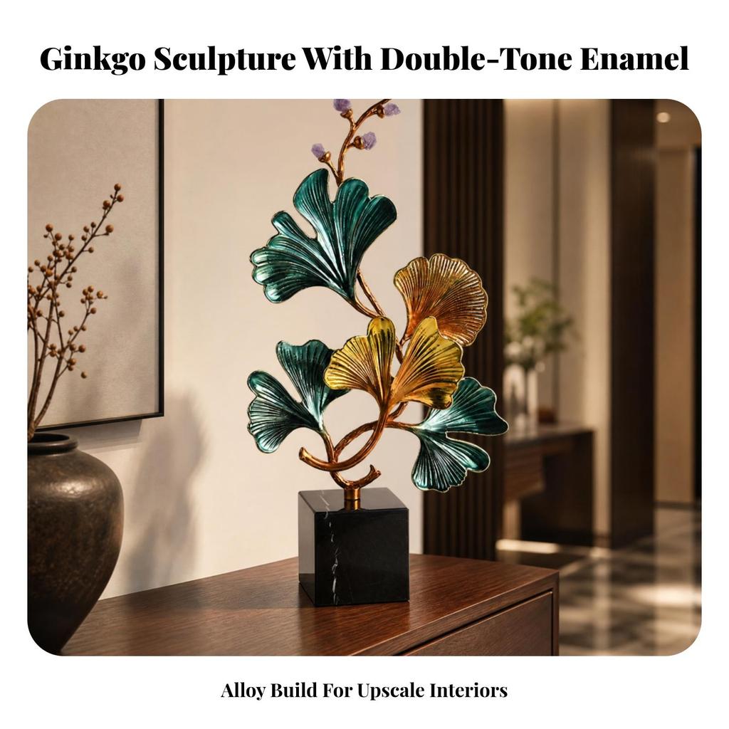 Ginkgo Leaf Sculpture Freestanding Metal with Stone Base Metalized