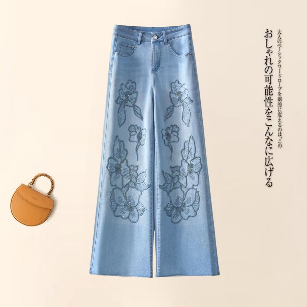 Blue flower embroidered wide-leg jeans women's summer new high-waisted and thin loose floor-mopping straight-leg pants
