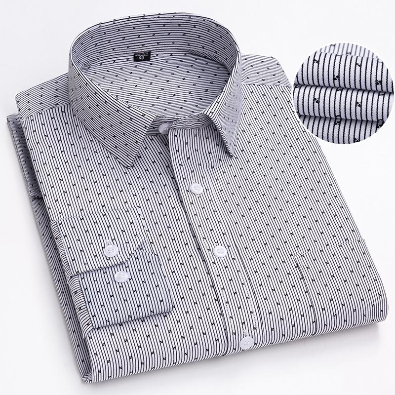 Men's 65% Cotton Long Sleeve Printed Check Dress Shirt Single Patch Pocket Regular-fit Comfortable Versatile Thin Casual Shirts