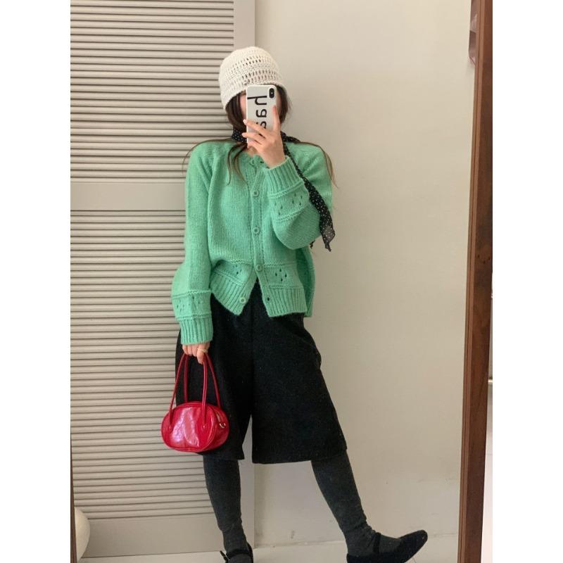 Spring and Autumn New Crew Neck Hollow Knitted Cardigan Top Women's Sweet Lazy Wind Jacket Single-breasted Jacket Tide