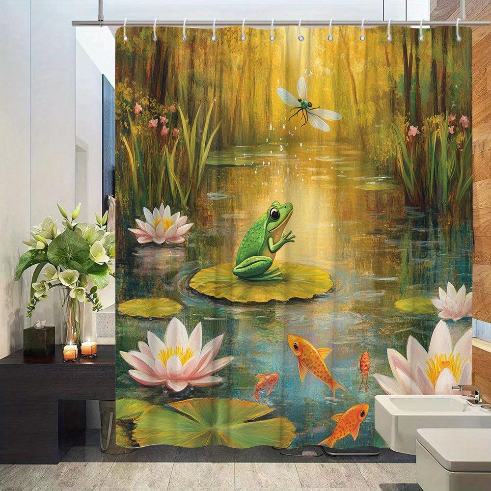 Frog Natural Scenery Shower Curtain - Pond Theme, Lotus & Fish, Creative Artistic Polyester, 12 Hooks, Bathtub Partition
