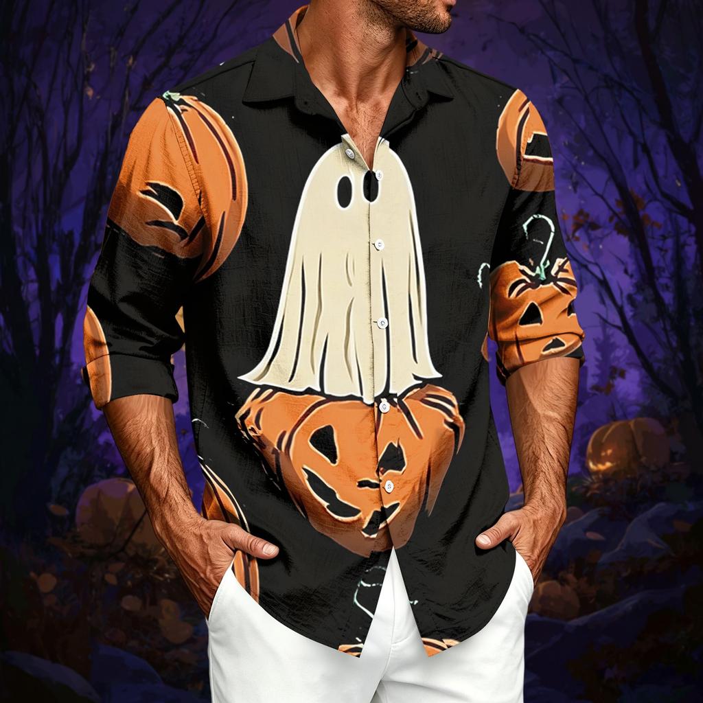 Men's Casual Long-Sleeve Shirt with Halloween Print for Spring ,Summer and Fall