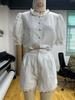 Spot new European and American fashion ruffle edge lantern short-sleeved top and shorts two-piece set for women