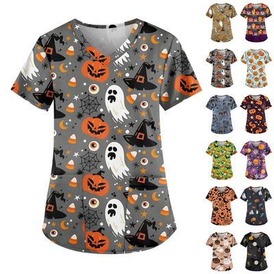 Damenmode V-Ausschnitt Lässige Halloween-Drucktops mit Taschen Arbeitskleidung