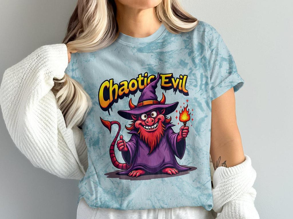 Chaotic Evil Wizard T-Shirt, Funny Fantasy Graphic Tee, Quirky Demon Wizard Shirt, Tabletop RPG Shirt Gift, Unique Gamer Apparel, Geek Humor