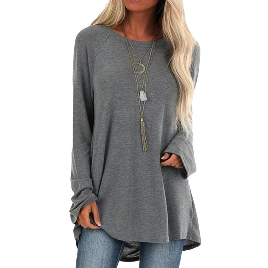 Yousheng Women Tops Round Neck Long Sleeve Loose Fit Solid Color Tunic Top Casual Shirt with Hip Coverage Length