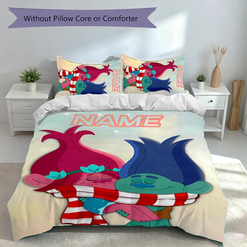 3pcs Custom Name Trolls Bedding Set,Includes 1 Duvet Cover and 2 Pillowcases,All-season Bedroom Decor