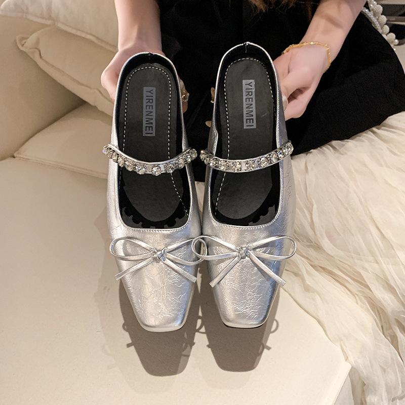 Mary Jane shoes women's spring and summer 2025 new French bow rhinestone square head sandals bag head thick heel slippers women