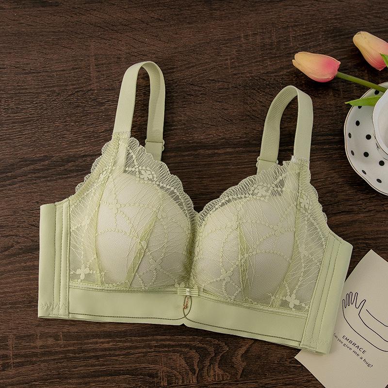 

Small chest extra thick cup Flat chest lace bra gathered on the support of secondary breasts No steel ring No magnetic a cup 40/90AB зелений