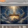 2D Flat Banner, Golden Crown Starlight Backdrop, Deep Blue Night Sky, Floating Crown, Branches, Starry Cloud Glow