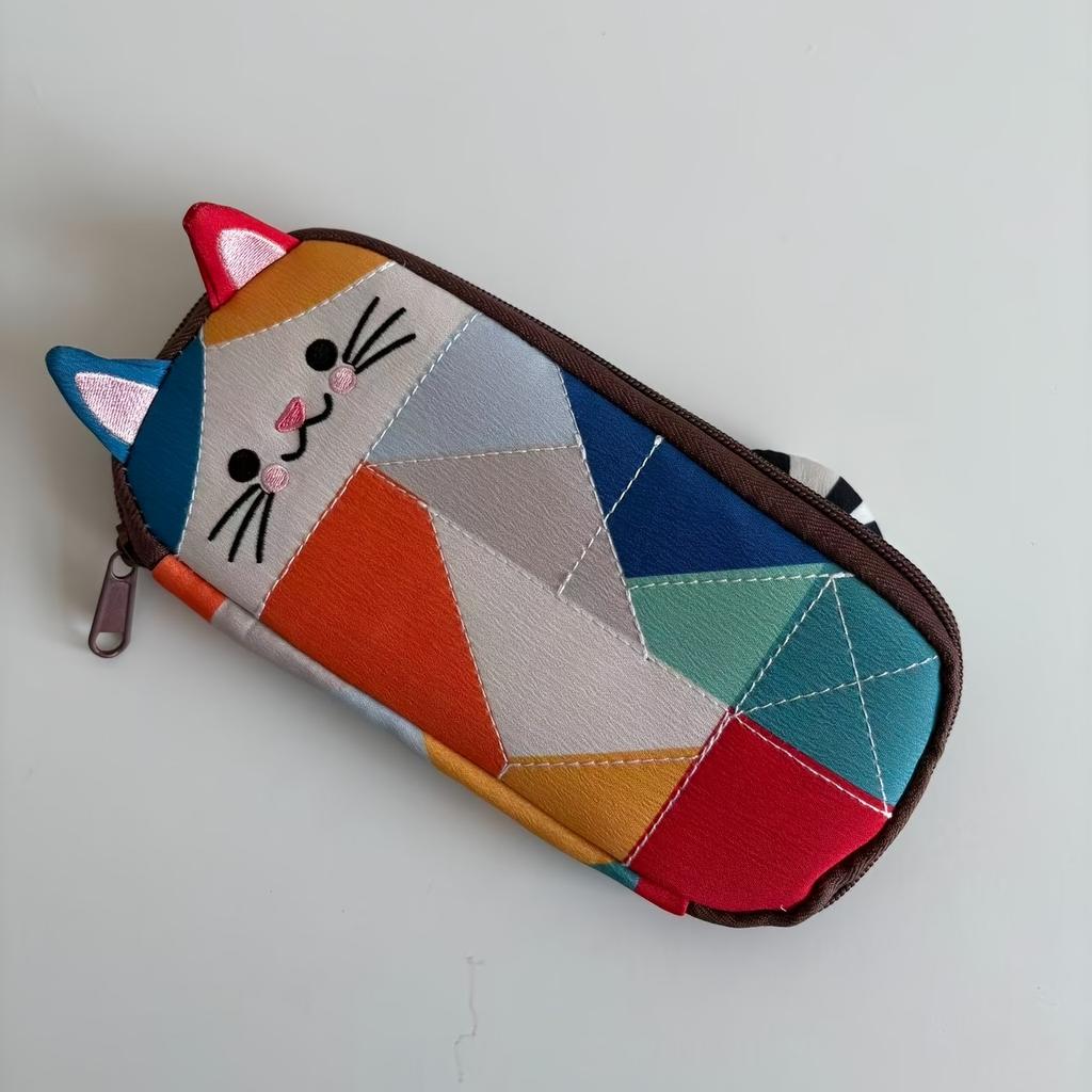 Cute 3D Cat Shaped Pouch Patchwork Pencil Case Portable Stationery Storage Bag