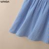 VONDA Women Sleeveless Elastic Waist Plaid Print Ruffled Casual Mini Tank Dress