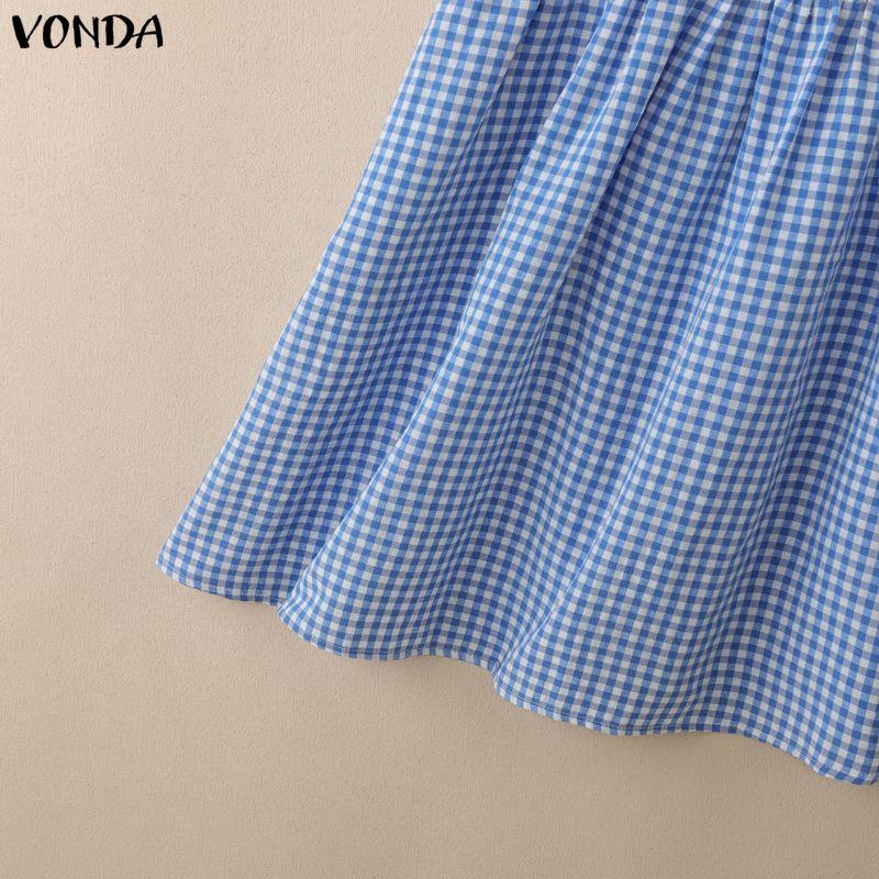 VONDA Women Sleeveless Elastic Waist Plaid Print Ruffled Casual Mini Tank Dress
