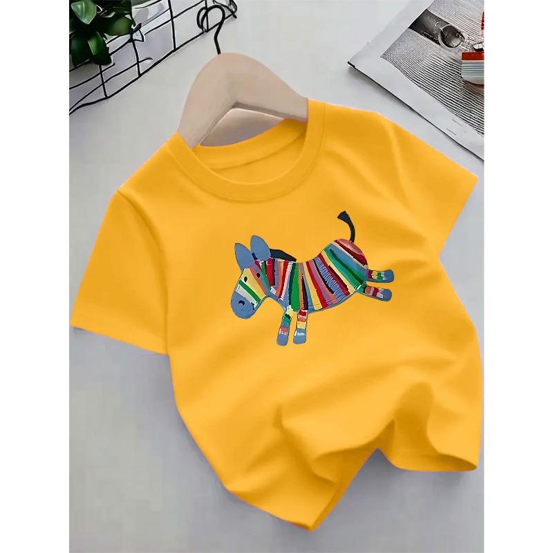 Tailles européennes - T-shirts à manches courtes - Imprimé Zèbre Arc-en-ciel & Animal, Hauts d'été respirants à col rond, Tenue décontractée confortable pour jouer, Doux comme du coton, Confortable pour les enfants