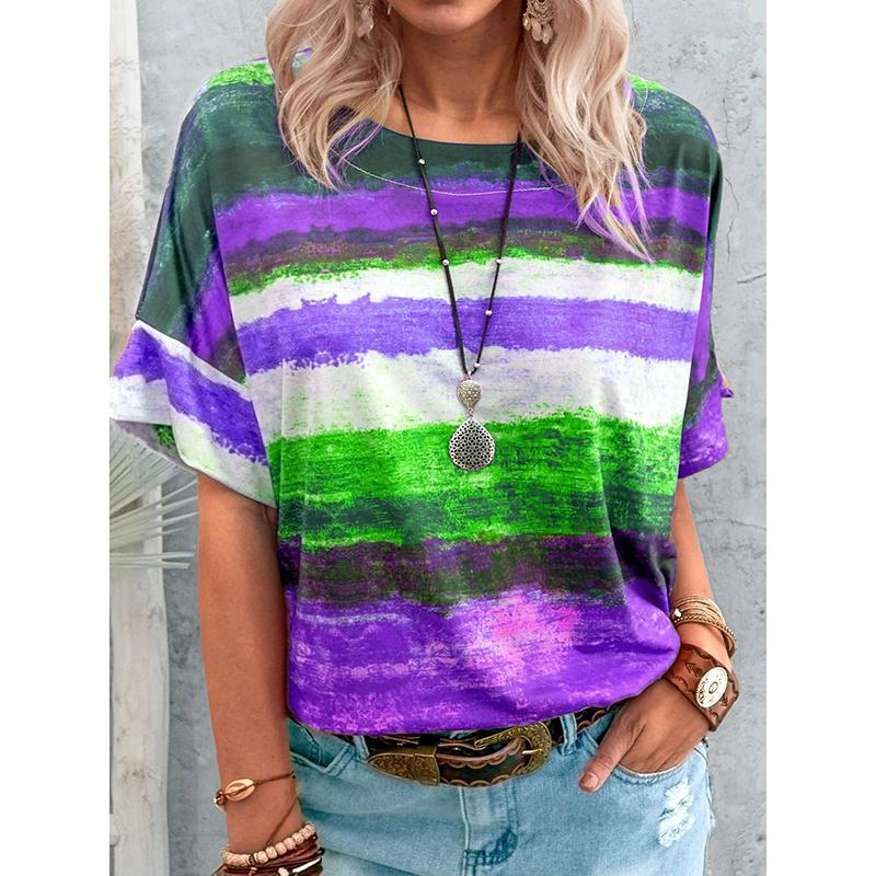 S-5XL Summer Tops Plus Size Fashion Women's Casual Short Sleeve Tee Shirts Block Color Loose Tops Ladies O-neck Tops Striped Printed Cotton T-shirts