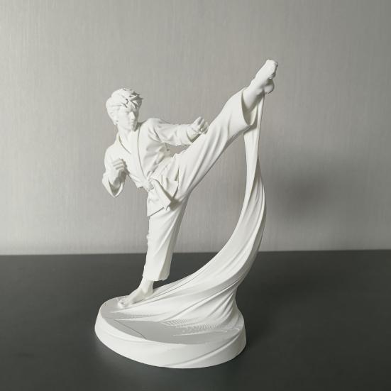 Desktop Ornament 3D Printed Karate Kick Man Statue, White Martial Arts Figurine Sculpture, Study Room Accessory Taekwondo Character Ornament,