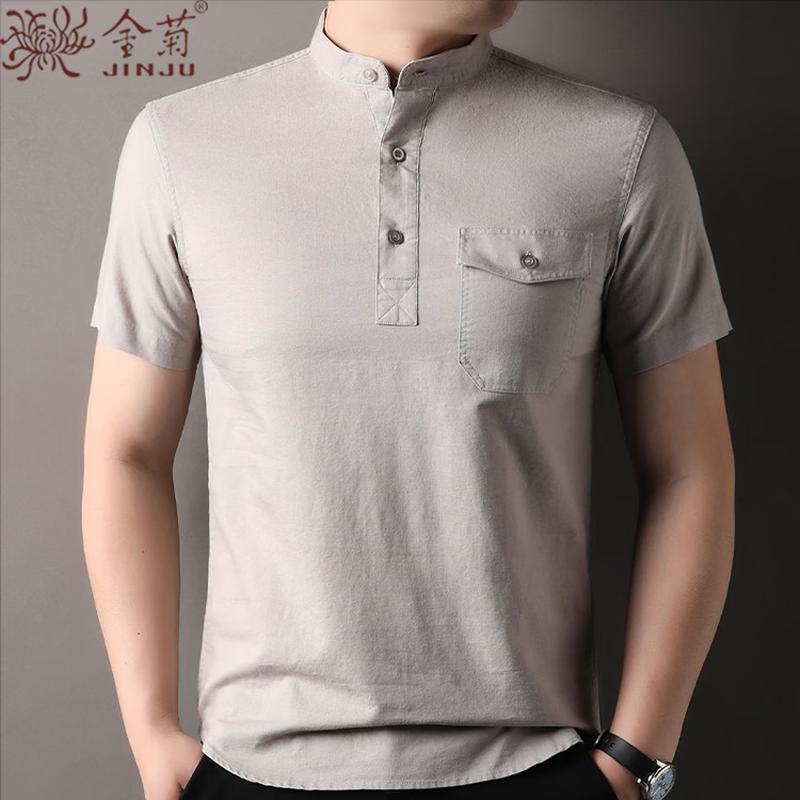 Herren Baumwolle Leinen Stehkragen Kurzarm T-Shirt